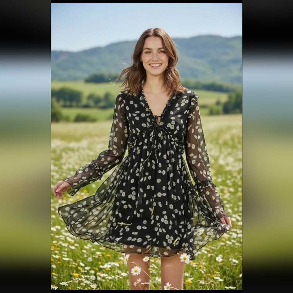 The Kooples Black and White Silk Floral Long Sleeve Dress French Brand See Mesur